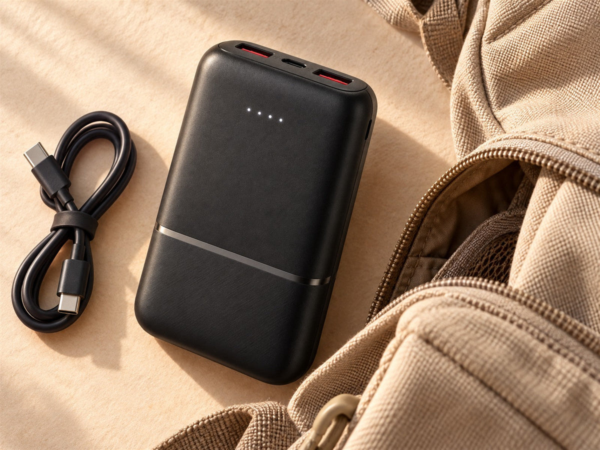 Power bank preto e cabo USB-C ao lado do bolso externo de uma mochila